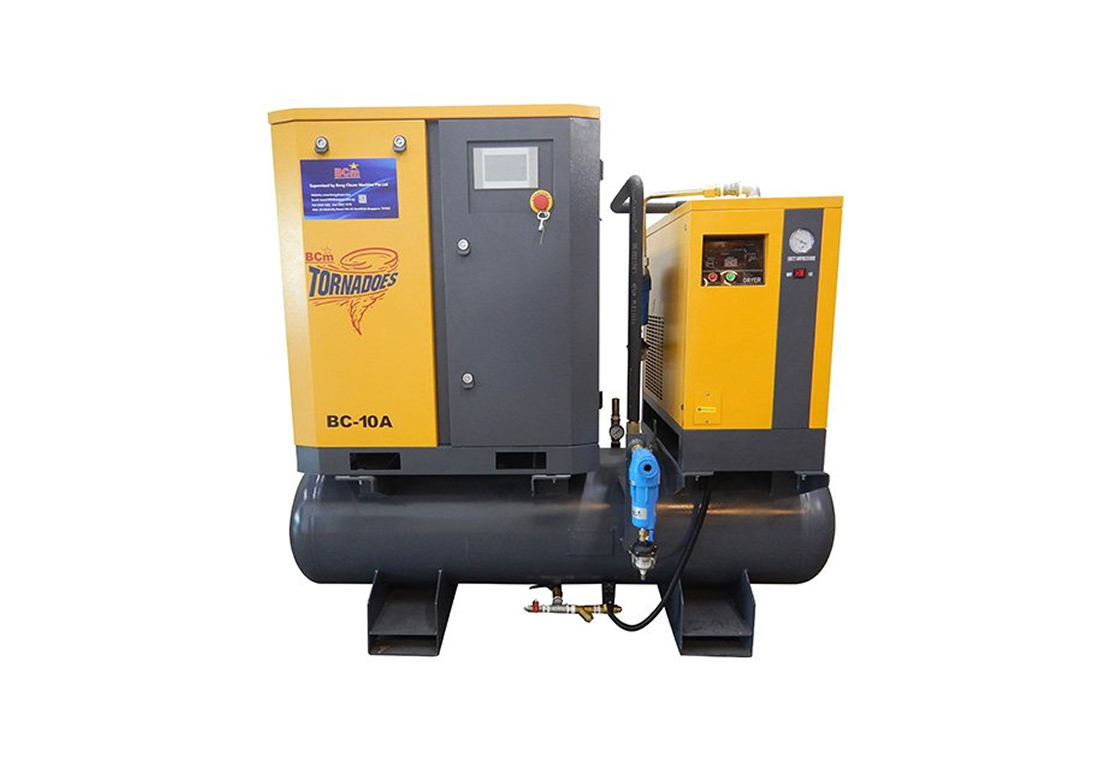 Yellow BCM BC-10A air compressor with air dryer unit.